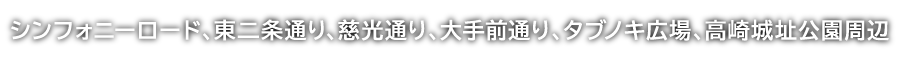 シンフォニーロード、東2条通り、慈光通り、大手前通り、タブの木広場、高崎城址公園周辺