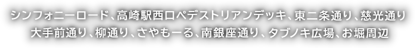 シンフォニーロード、東2条通り、慈光通り、大手前通り、タブの木広場、高崎城址公園周辺