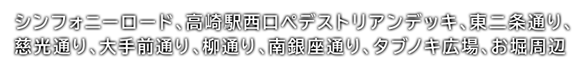 シンフォニーロード、東2条通り、慈光通り、大手前通り、タブの木広場、高崎城址公園周辺