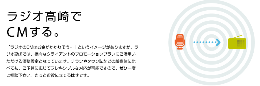 ラジオ高崎でCMする。「ラジオのCMはお金がかかりそう・・・」というイメージがありますが、ラジオ高崎では、様々なクライアントのプロモーションプランにご活用いただける価格設定となっています。チラシやタウン誌などの紙媒体に比べても、ご予算に応じてフレキシブルな対応が可能ですので、ぜひ一度、ご相談下さい。きっとお役に立てるはずです。